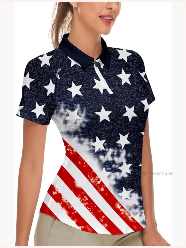 Women's Golf Polo Short Sleeve Quarter Zip Tennis Shirt Argyle Tops Upf50+